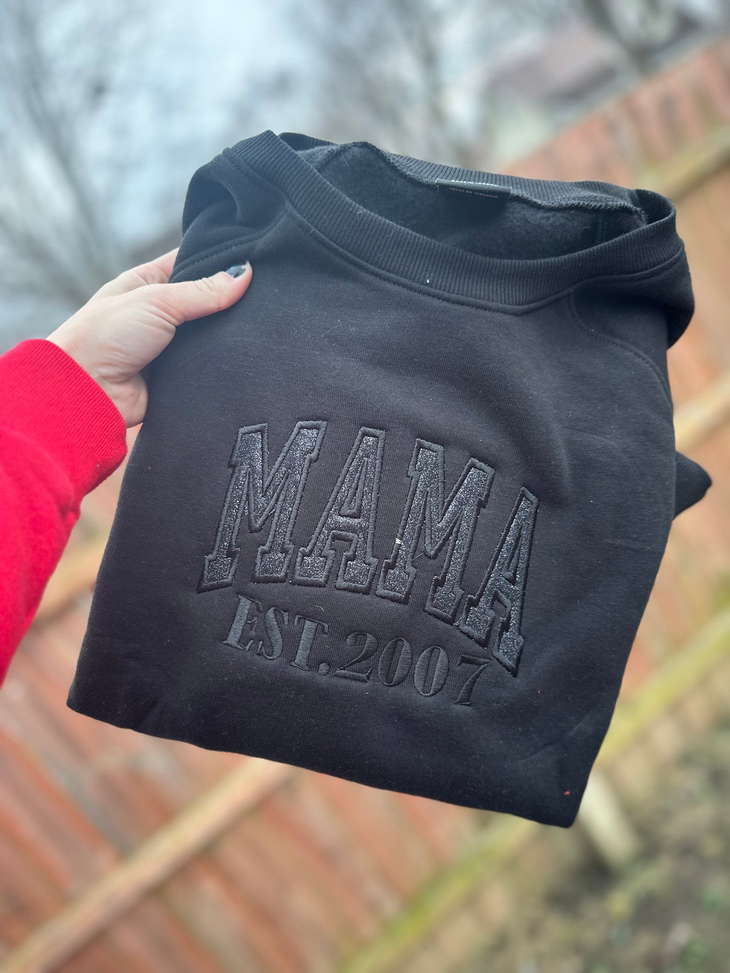 Black glitter mama embroidered crew