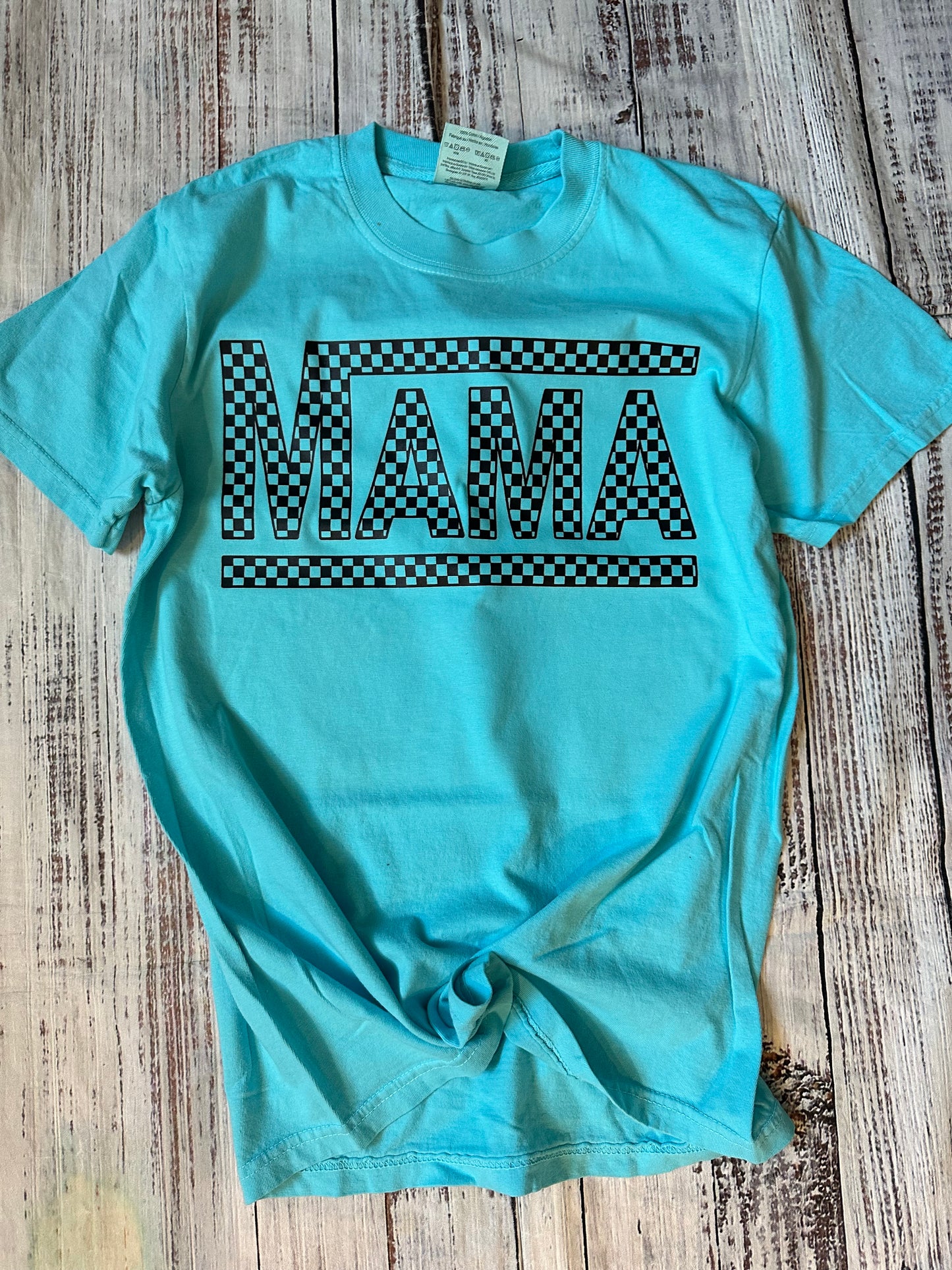 Teal mama checkered tee