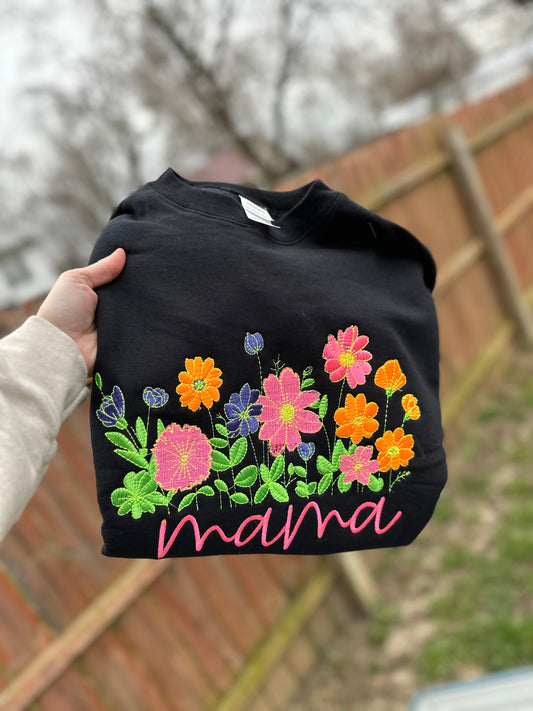 Neon floral mama embroidered crew